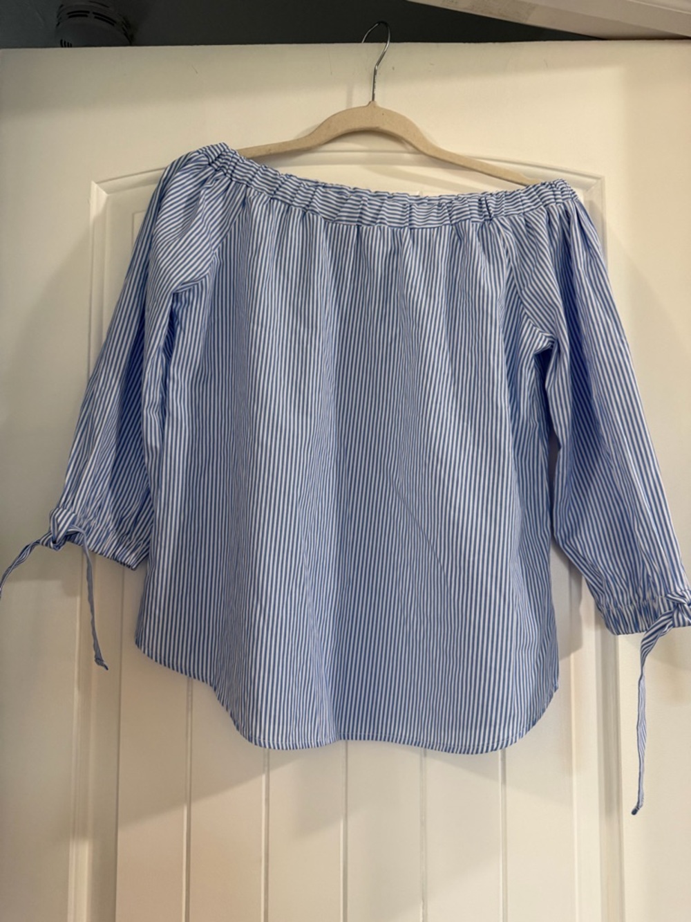 Off-Shoulder Blue Stripe Women's Top Elbow sleeve